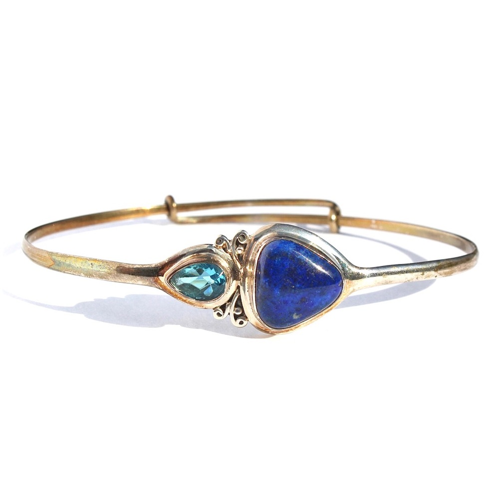 Lapis Lazuli & Blue Glass Sterling Silver Expandable Bangle Bracelet Adjustable